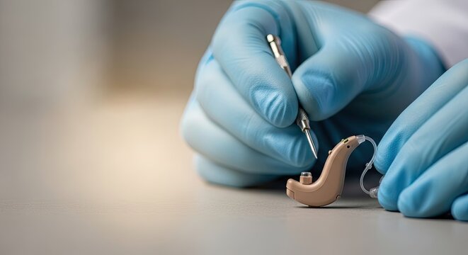 Technician adjusting hearing aid
