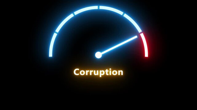 Corruption level meter indicating maximum. Color scale with arrow from green to red. Sign tachometer, speedometer, indicators.