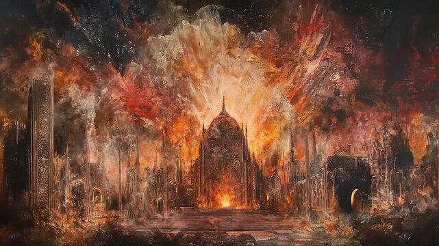 Burning Building Inferno with Silhouetted Figures.