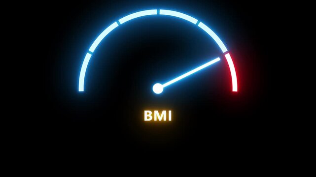 Body mass index meter read level result. Color scale with arrow from green to red. The measuring device. Colorful infographic gauge element.