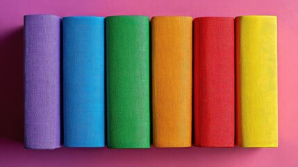 Pastel-colored books aligned, a colorful row.