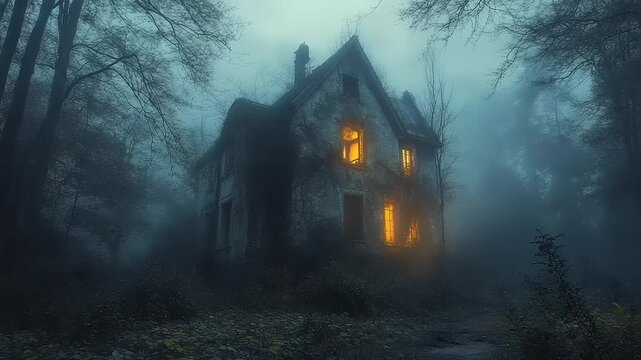 Creepy abandoned house in a foggy forest at night with glowing windows.