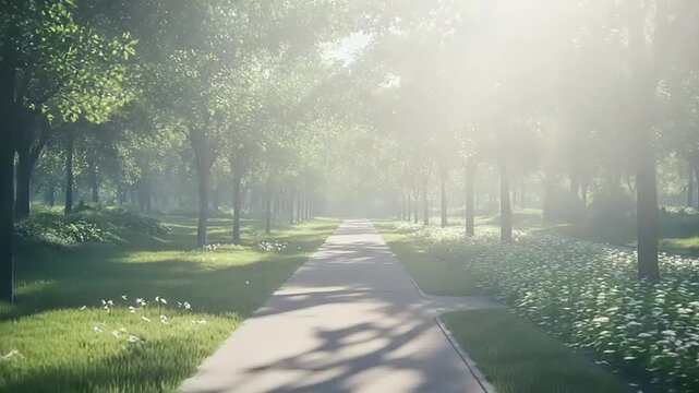 Sunlit park pathway lined with trees and green grass on a clear day.
