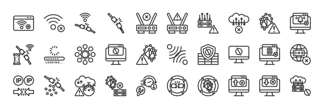 network trouble icon collection outline style. containing no internet screen, weak wifi signal, disconnected wifi, broken network cable, router error