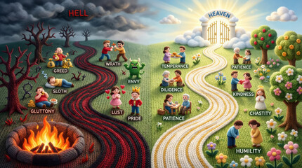 Two paths in knitted style illustrating hell and heaven, seven deadly sins and seven heavenly virtues. Biblical Christian teaching for children.