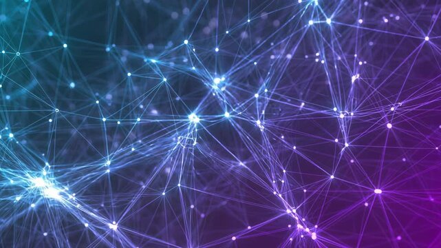 purple luminous node network pulses with electric synapselike connections, sparkling links map complex topology, dynamic energy