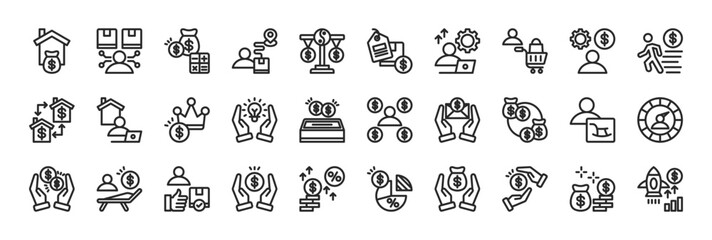 revenue streams icon collection outline style. containing property, reseller, budget, distribution, balance, price, productivity, shopping, money management