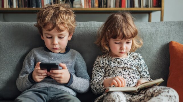 Kids sitting together on a couch at home, one is using a smartphone and the other is reading a book. Childhood and modern technology. How to distract a child from use gadgets. Children are bored.