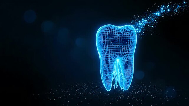 Illuminated blue digital wireframe molar tooth structure representing advanced dental technology, innovative oral healthcare concepts, and futuristic dentistry in a dark environment.