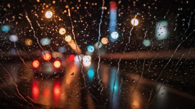 Blurry nighttime view through a rainy car windshield with colorful city lights reflecting on the wet road. Perfect for backgrounds, urban scenes, and travel content.