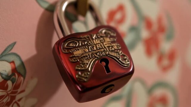 Red Padlock Security Close-Up on Pink Wallpaper, A Symbol of Protection, Safety