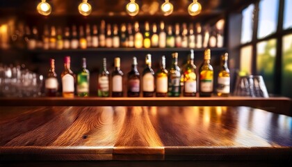 Bar Counter With Blurred Image Of Bottles Shallow Depth Of Field