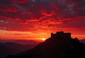Obraz premium A majestic castle silhouetted against a fiery red sunset paints a dramatic evening sky. amberd