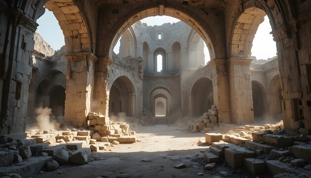 Ancient ruins of a majestic stone structure bathed in dust and golden sunlight. amberd