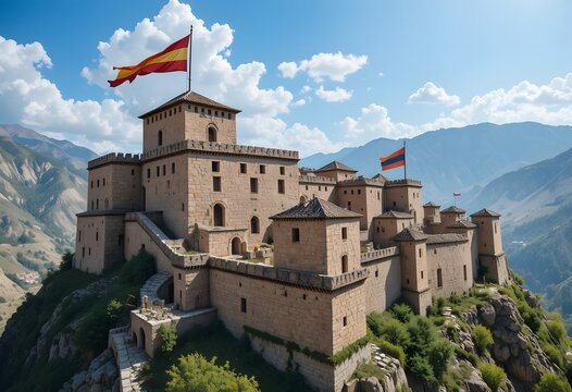 Majestic ancient stone fortress with vibrant flags perched on a rugged mountain peak under a clear blue sky. amberd