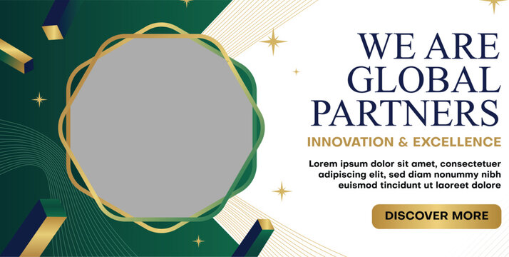 Business banner template for global partnership announcement with space for logo or image, featuring dark green and gold abstract design elements and text reading we are global partners