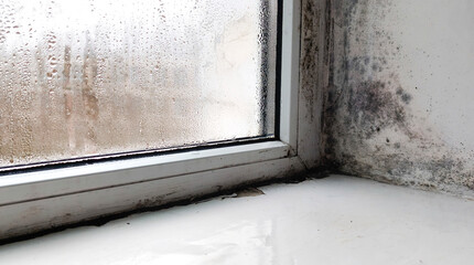 Mold covering window corner and damaged wall surface inside apartment, mold texture spreading from moisture and condensation. Mold issue highlights damp conditions, home hygiene risk. © Olena Vasylieva