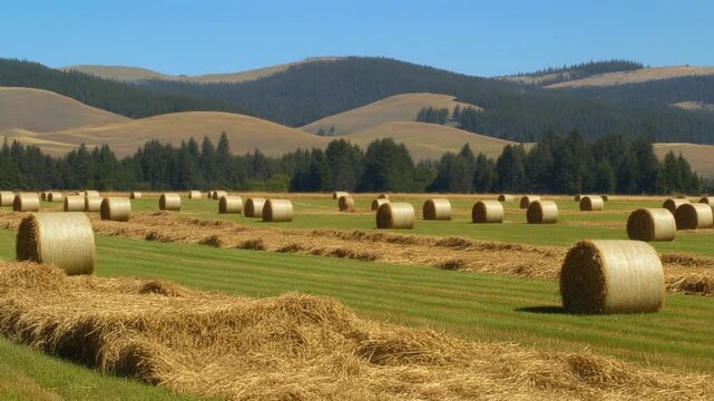 Idyllic Hay Bale Field with Rolling Hills and Forest in the Background