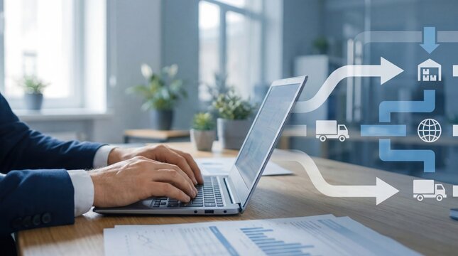 Businessman analyzing supply chain analytics and logistics performance