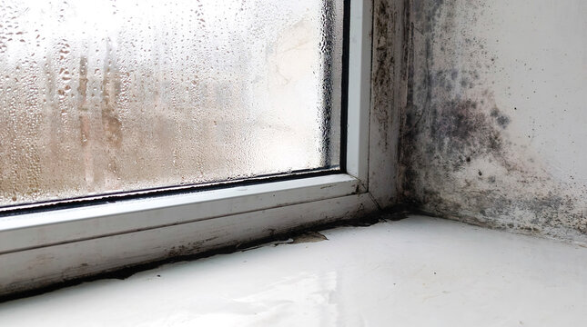 Mold covering window corner and damaged wall surface inside apartment, mold texture spreading from moisture and condensation. Mold issue highlights damp conditions, home hygiene risk.