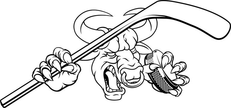 A bull or Minotaur monster longhorn cow angry mean ice hockey mascot cartoon character. 