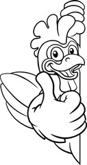 Fototapeta premium A chicken cartoon rooster cockerel bird mascot peeking around a sign with copyspace