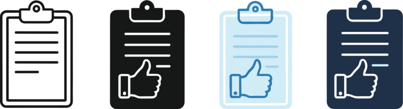 Approval and checklist clipboard icon set with thumbs up symbols for feedback, confirmation, rating, and task management