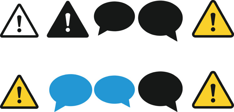 Warning and notification icon set with alert triangles and speech bubbles for messaging, system alerts, and user interfaces
