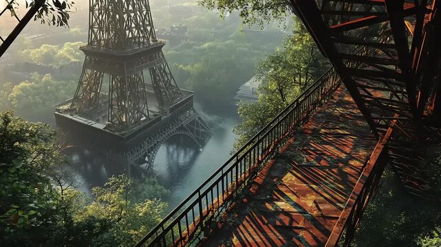 Eiffel Tower overgrown with lush green jungle vegetation and mist.