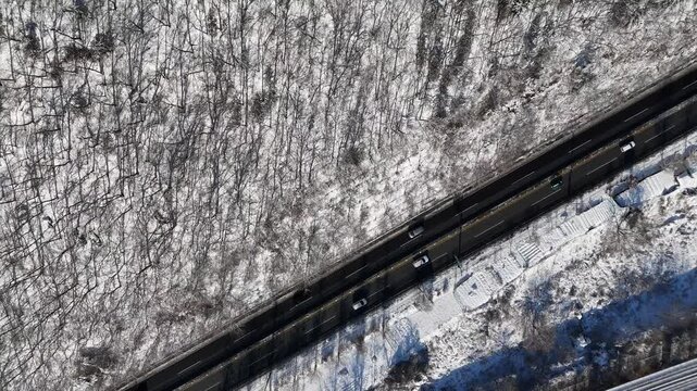 Drone footage, Winter landscape, river, mountain, village in Gapyeon city, South Korea