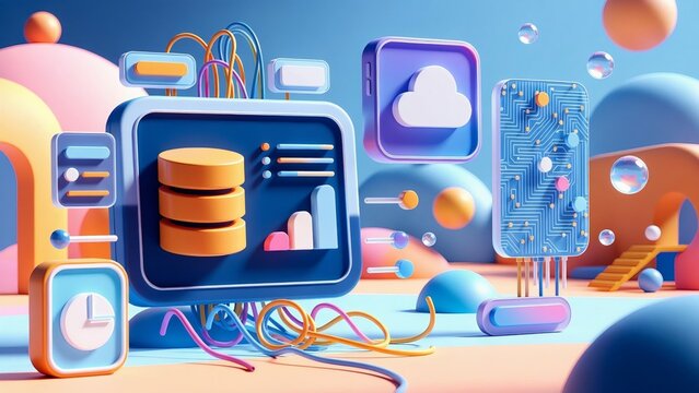 Modern 3D Cloud Storage Hub with Database Icons and Circuit Board for Secure Data Hosting