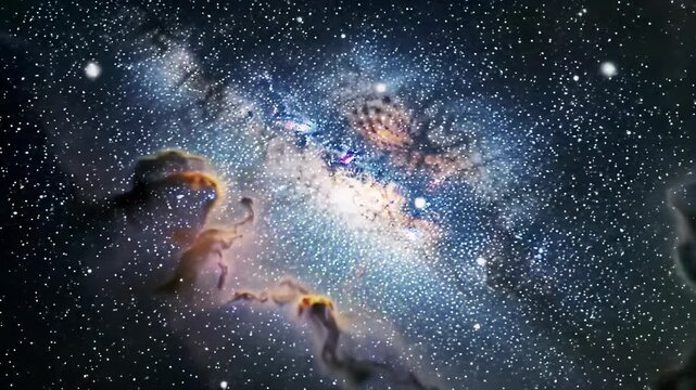 Extreme wide dolly video through Milky Way galaxy, billions of shimmering stars, vibrant swirling nebulae, cosmic dust clouds, soft ambient light. Profound cosmic grandeur