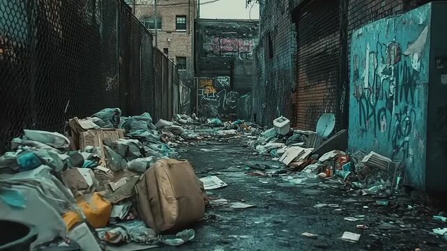 Polluted Alleyway with Trash and Debris.