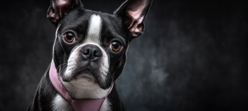 Boston Terrier Square with Slim Tie Heart Rosette on Black Backdrop