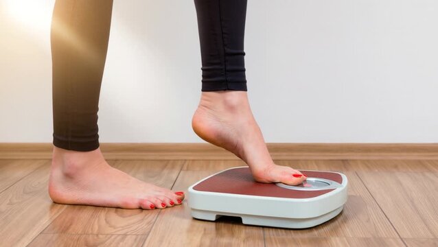 Bare feet step onto a bathroom scale on a wooden floor against a bright white wall, symbolizing weight check, health tracking, and personal wellness routine.