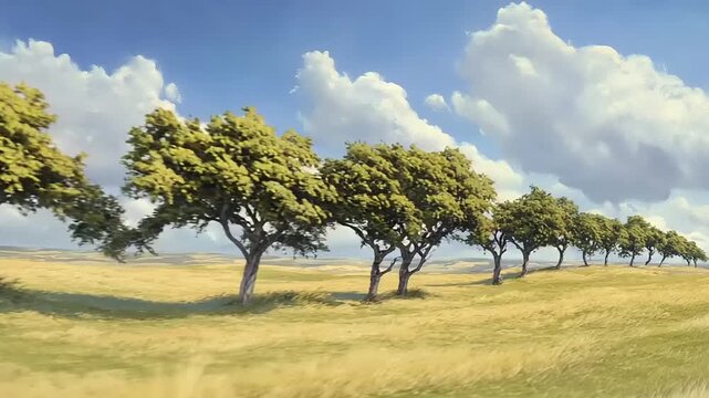 Serene Landscape with Trees and Cloudy Sky.