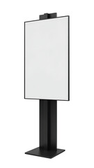 Tall black digital display stand featuring a large blank white screen for presentations.