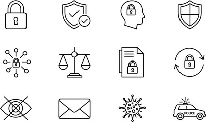 Black and White Security and Privacy Icons Featuring Protection, Law, Cybersecurity, Confidentiality, and Communication © MstNilufar