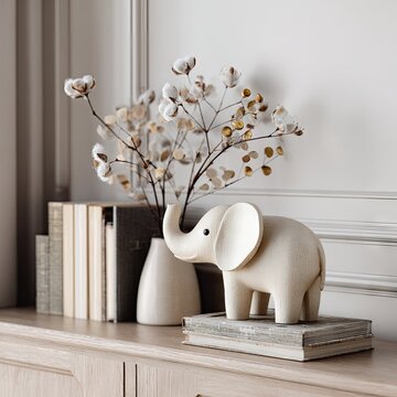 Elegant still life featuring a decorative elephant figurine and books on a shelf