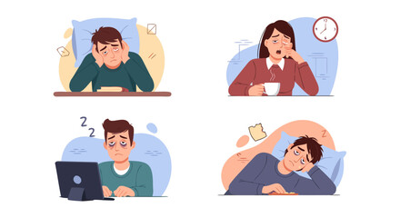 Set of exhausted characters experiencing fatigue from overwork stress and lack of sufficient sleep