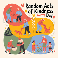 People performing random acts of kindness day with cats and plants on a colorful background, kindness day