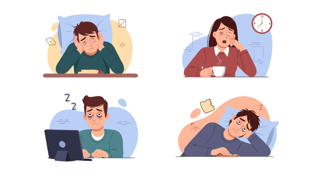 Set of exhausted characters experiencing fatigue from overwork stress and lack of sufficient sleep