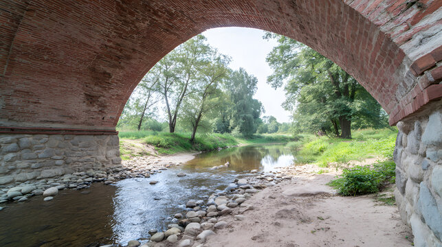 keystone. The sturdy brick arch structure beneath an ancient stone bridge embedded in a riverbank. real-estate listings.