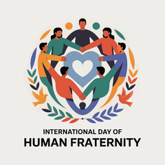 Colorful, diverse people holding hands around a heart symbolizing the International Day of Human Fraternity, colorful unity 
