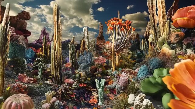 Surreal alien desert landscape with bizarre plants and flowers.