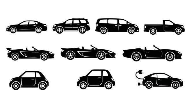 Collection of Black Car Silhouettes Various Vehicle Types.
