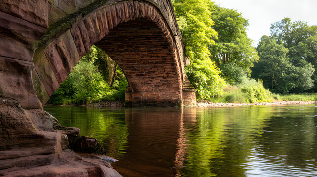 keystone. The sturdy brick arch structure beneath an ancient stone bridge embedded in a riverbank. real-estate listings.