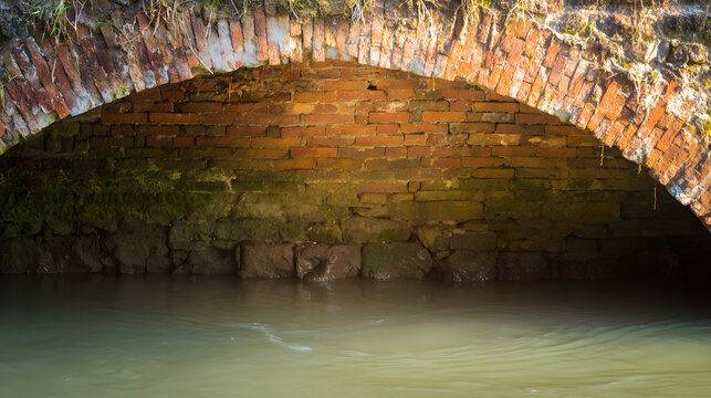 keystone. The sturdy brick arch structure beneath an ancient stone bridge embedded in a riverbank. real-estate listings.