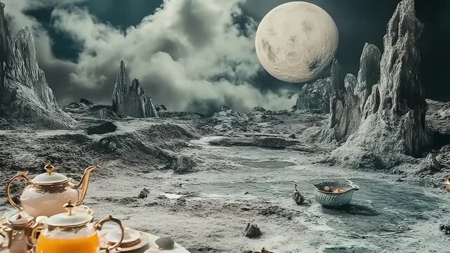 Surreal alien landscape with a tea set and large moon.