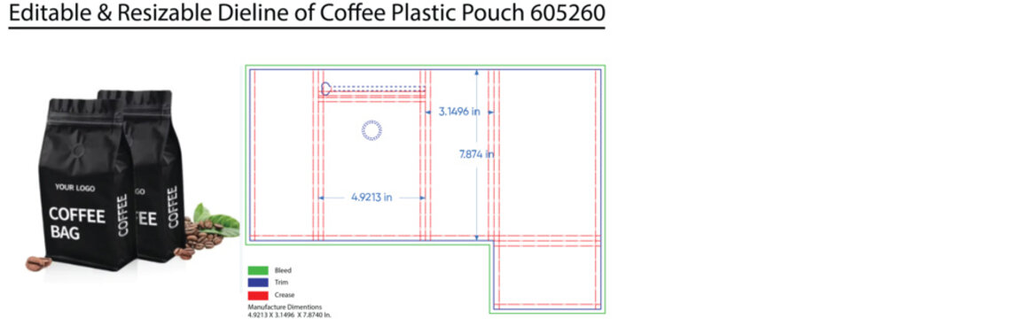 Black Coffee Bags with Dieline Dimensions and Measurements